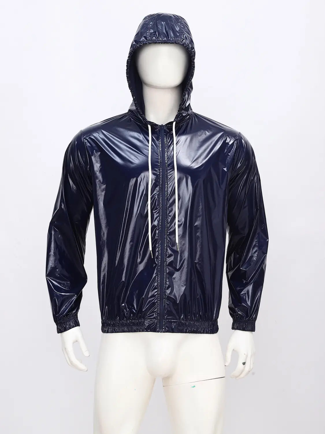 Navy blue glossy nylon men waterproof hooded windbreaker jacket with white zipper and drawstrings.