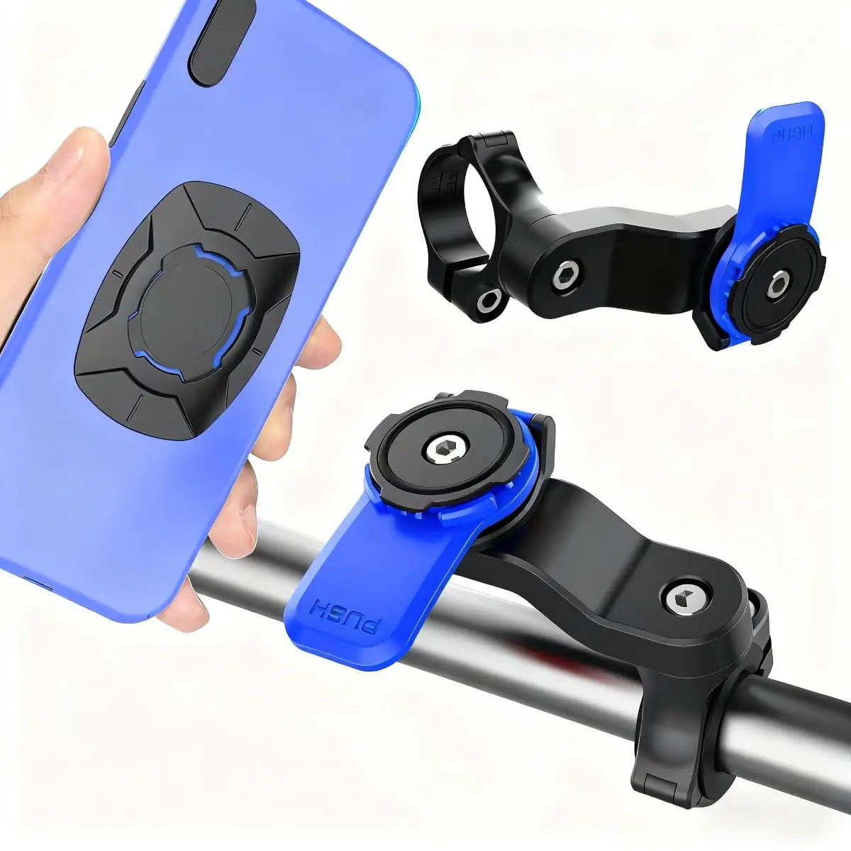 Blue and black magnetic bike phone mount made of sturdy material designed as a universal handlebar GPS holder for motorcycles.