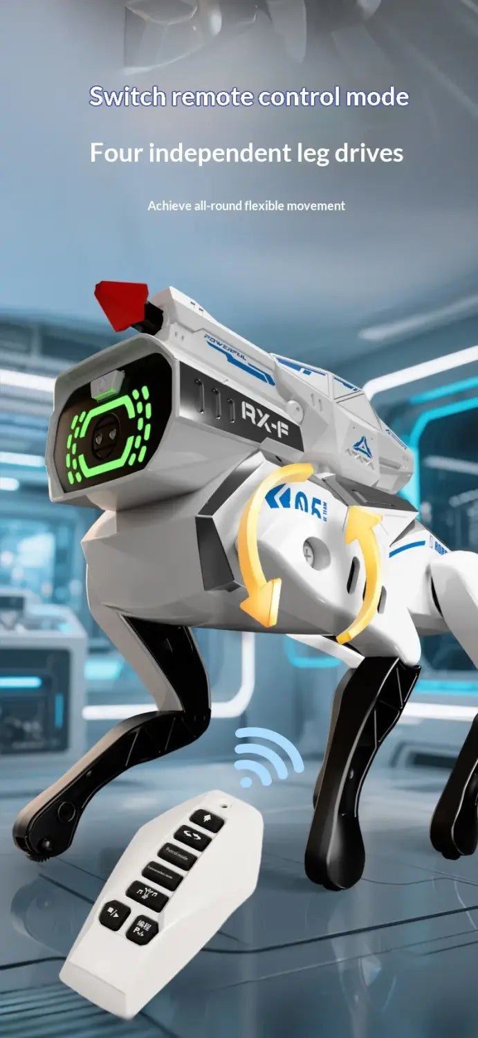 Interactive robotic dog toy with voice control featuring a white and blue body, black legs, yellow joint accents, and a glowing green eye panel.
