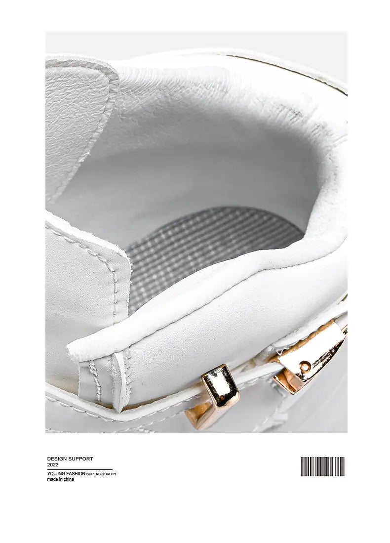 Men white high top sneakers made of leather featuring chunky gold buckle accents and a textured insole.