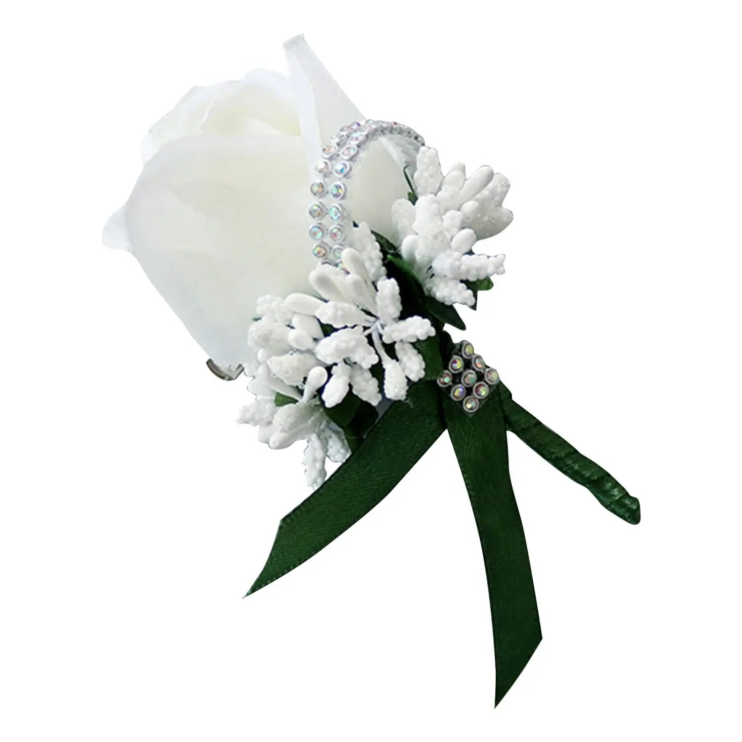 Elegant white floral boutonniere featuring artificial silk rose with a satin ribbon and sparkling rhinestone accents designed for blue wedding corsage use.