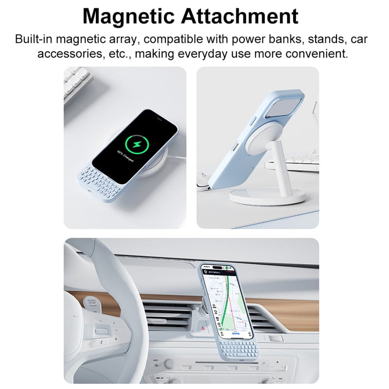 Ein eleganter weißer magnetischer Telefonsockel mit einem runden Ladepad, ausgelegt für vielfältige Nutzung am Schreibtisch und im Auto, in Kombination mit einer Pro-Max-Handyhülle mit physischer Tastatur für eine verbesserte Funktionalität der mobilen Handyhülle