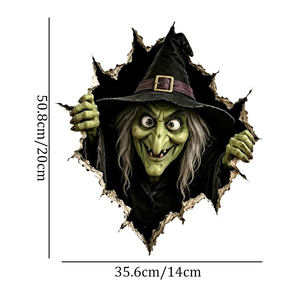 Un autocollant mural 3D pour Halloween en papier : représentant une sorcière à la peau verte aux longs cheveux gris et un chapeau noir pointu, apparaissant à travers une décalcomanie murale déchirée.