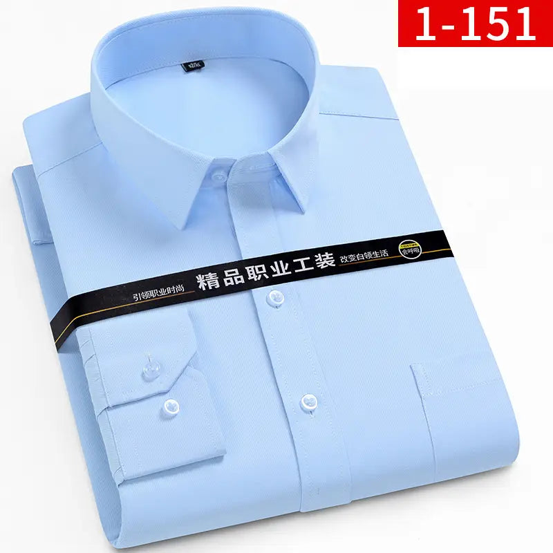 A light blue men plus size cotton long sleeve formal dress shirt with a classic collar and buttoned cuffs.