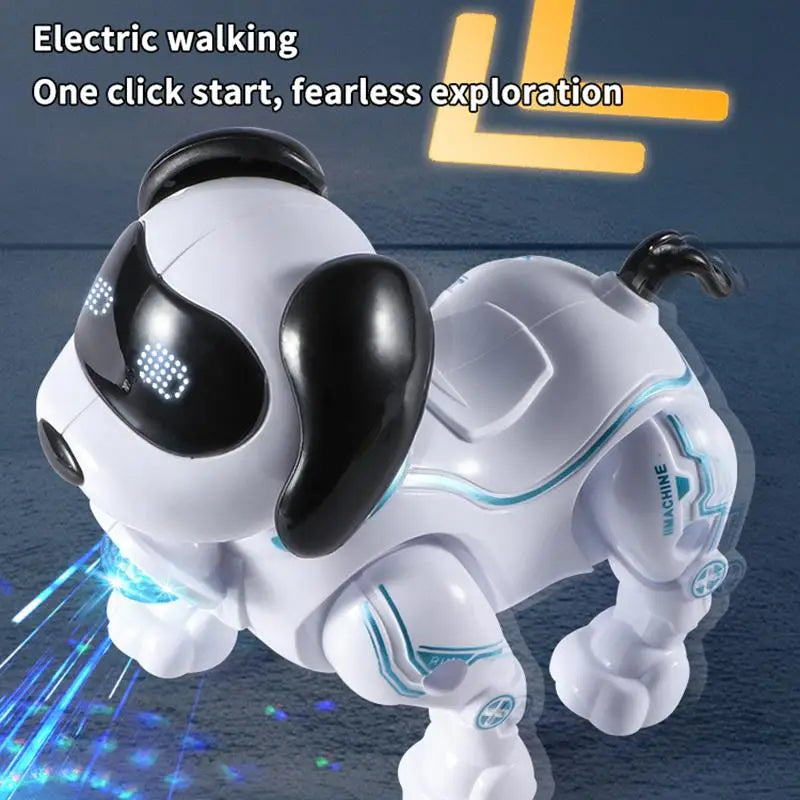 足に発光する青色ライトを備えた、白黒の知能音楽ロボット犬用スタントおもちゃ。インタラクティブな遊びのためのロボット犬として設計されています。