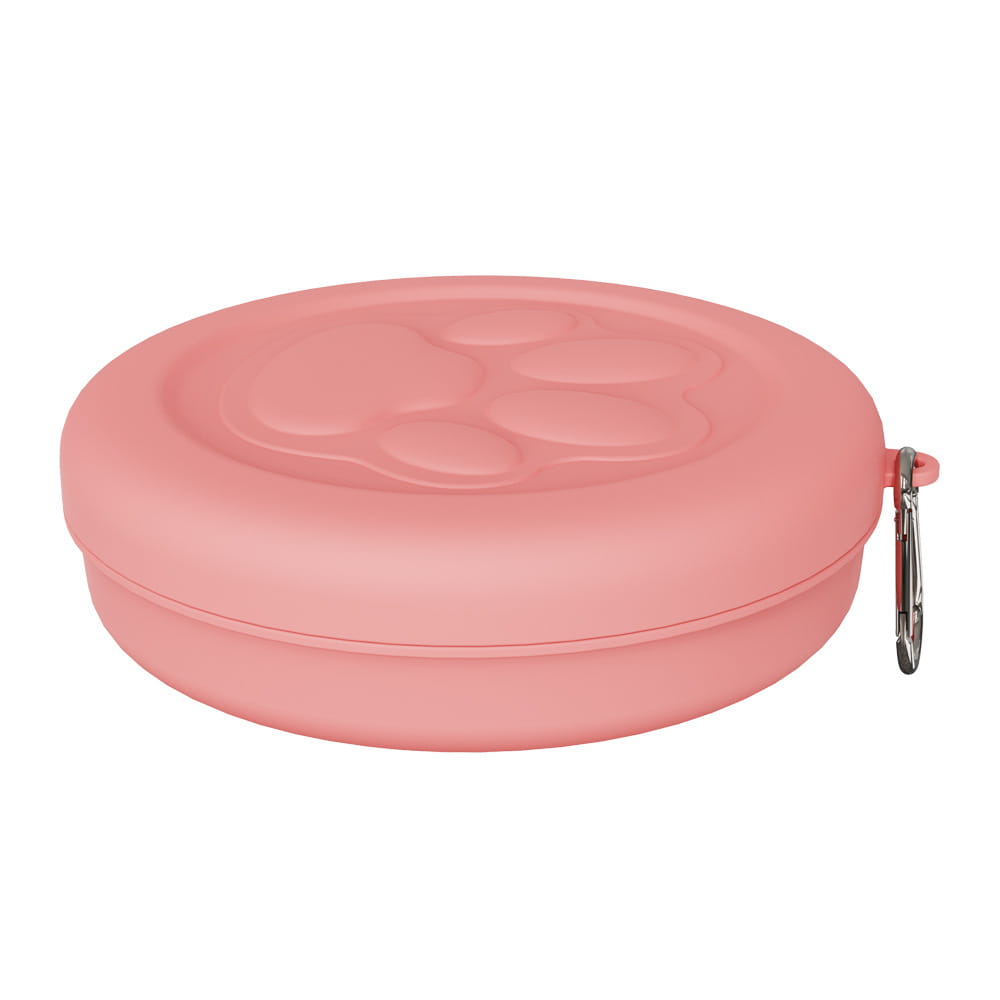 Cuenco portátil rosa de silicona para viajar con perros con almacenamiento de golosinas, que presenta un diseño de huella de pata en relieve y un mosquetón plateado para una fijación sencilla