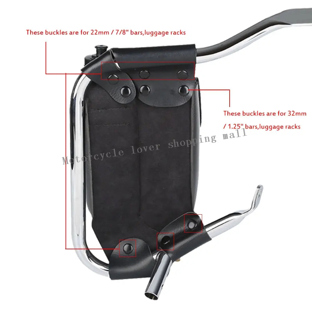 black leather motorcycle handlebar luggage rack with chrome metal frame and adjustable buckles shown from the back side for harley touring saddlebag guard bags pu leather