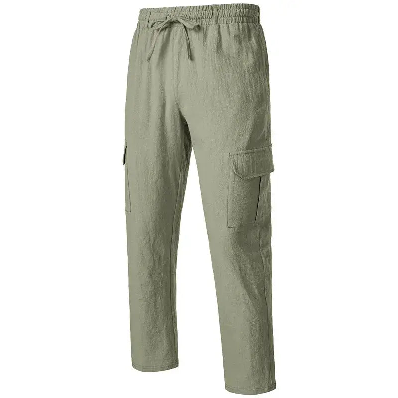 Pantalons cargo en lin pour hommes décontractés et amples, en vert olive, dotés d’une ceinture élastique et d’un cordon de serrage pour le confort et le style.