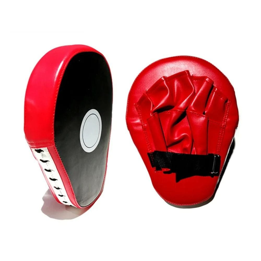 Red and black boxing punch pad focus mitt target fitness gear with a glossy leather finish featuring one pad with white stitching along the edge and another secured by a black strap.
