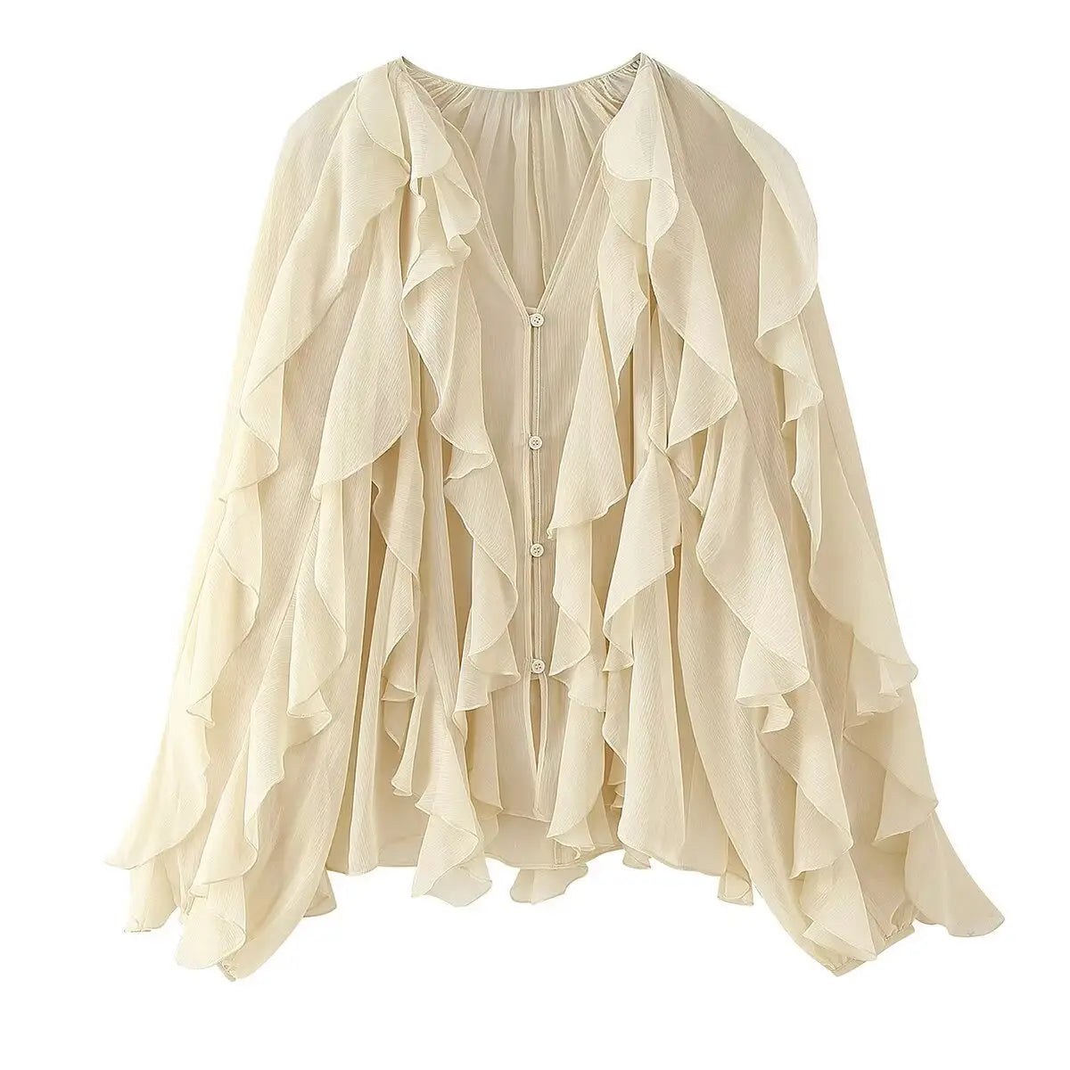 A flowing off-white long sleeve ruffle shirt long made of lightweight chiffon with cascading ruffles along the sleeves and front.