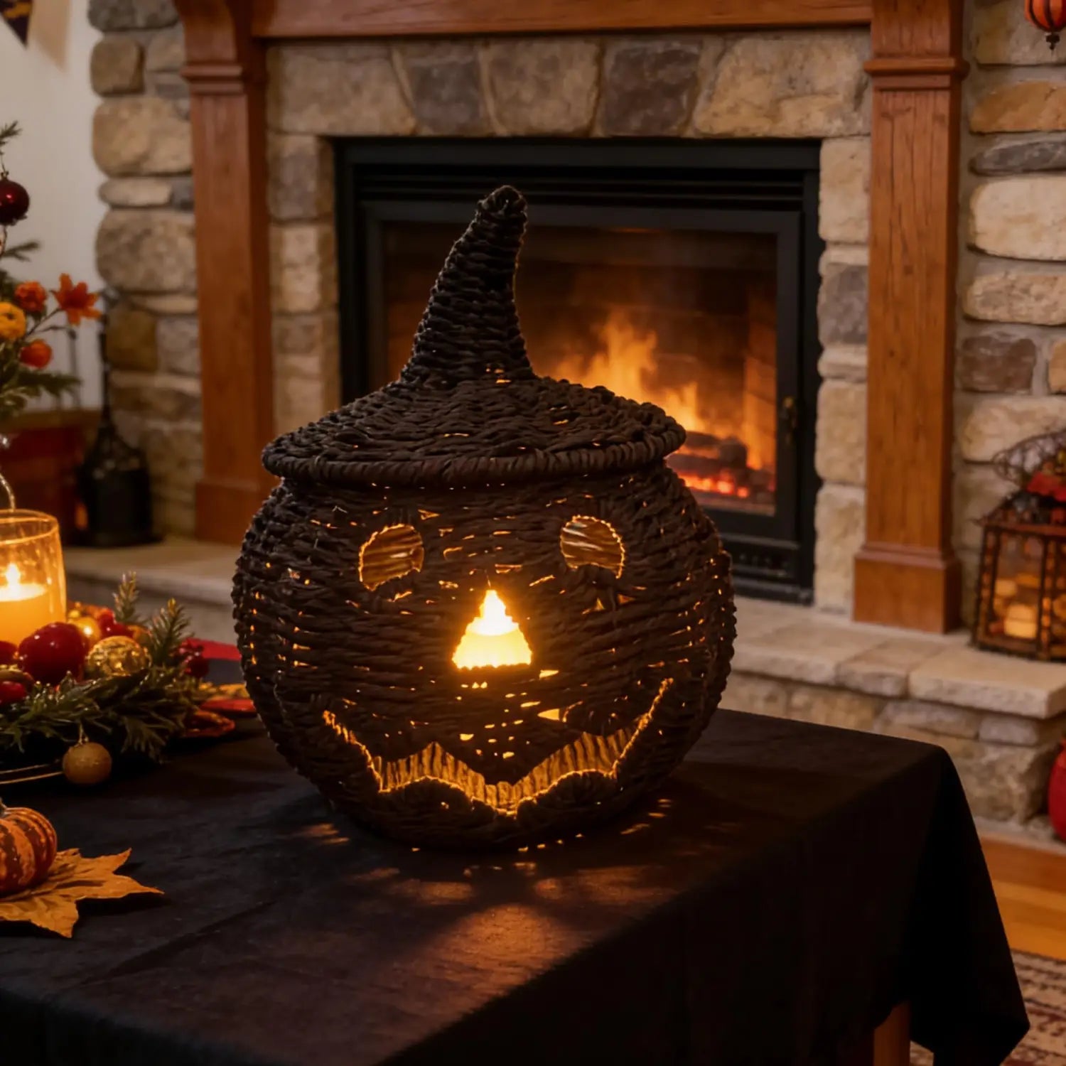 Schwarze geflochtene Weidengeflecht-Kürbislaterne mit Hexenhut und orangefarbenem, leuchtendem Jack-o’-Lantern-Innenlicht.