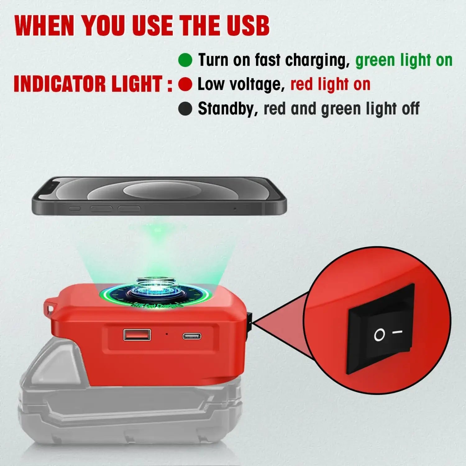 Batterie externe de chargeur sans fil pour téléphone Milwaukee 18 V rouge, dotée de ports USB et de voyants lumineux pour une charge rapide.
