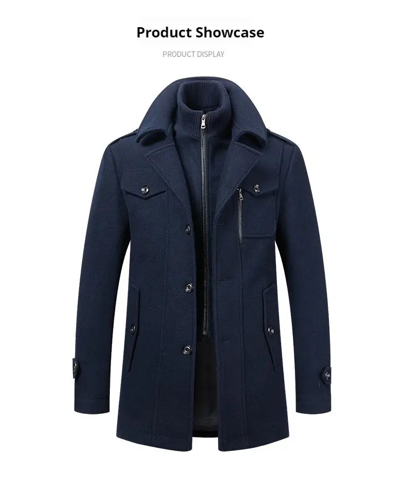 Dunkelblauer Woll-Trenchcoat für Herren mit doppeltem Kragen, Stehkragen, Frontreißverschluss sowie Knopfverschluss-Taschen mit Patten für Winterjacke modname=ckeditor