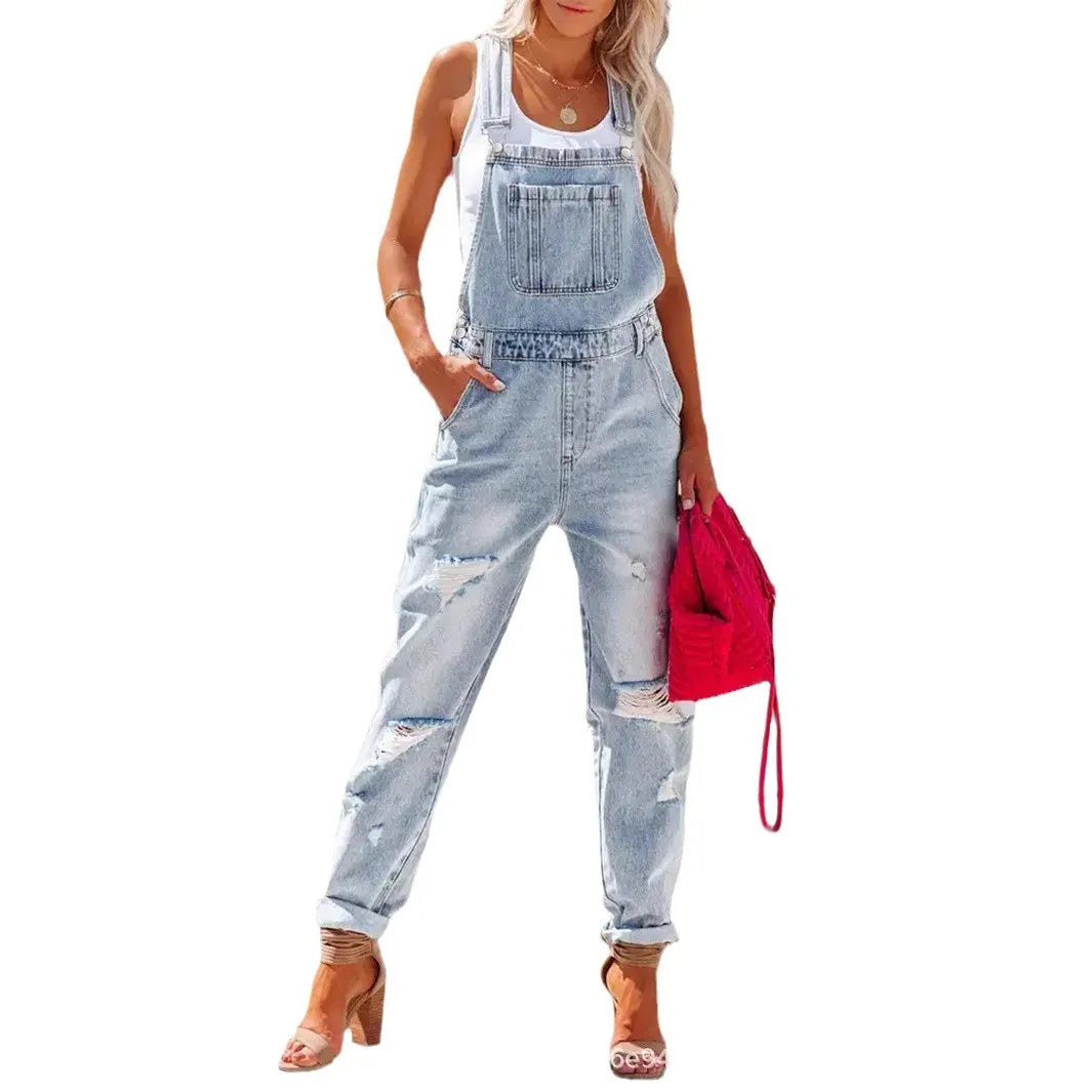 Washed Ripped Casual Denim Suspenders. New Fashion Light Blue European American Style Jumpsuits for Women in Spring and Summer
