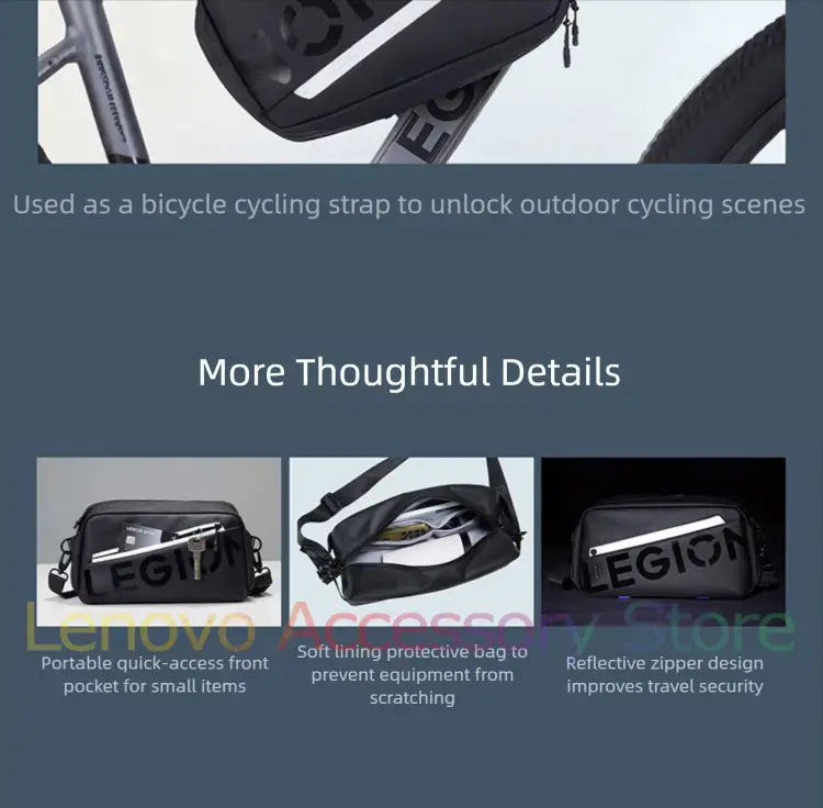 black Lenovo Legion tablet waterproof messenger bag with reflective zipper and soft lining designed for Lenovo Legion and Lenovo tab users
