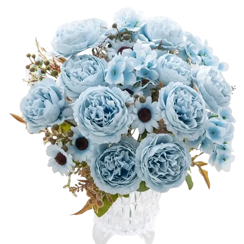 A delicate bouquet of light blue artificial silk Persian peonies and hydrangeas in a crystal vase for home decoration