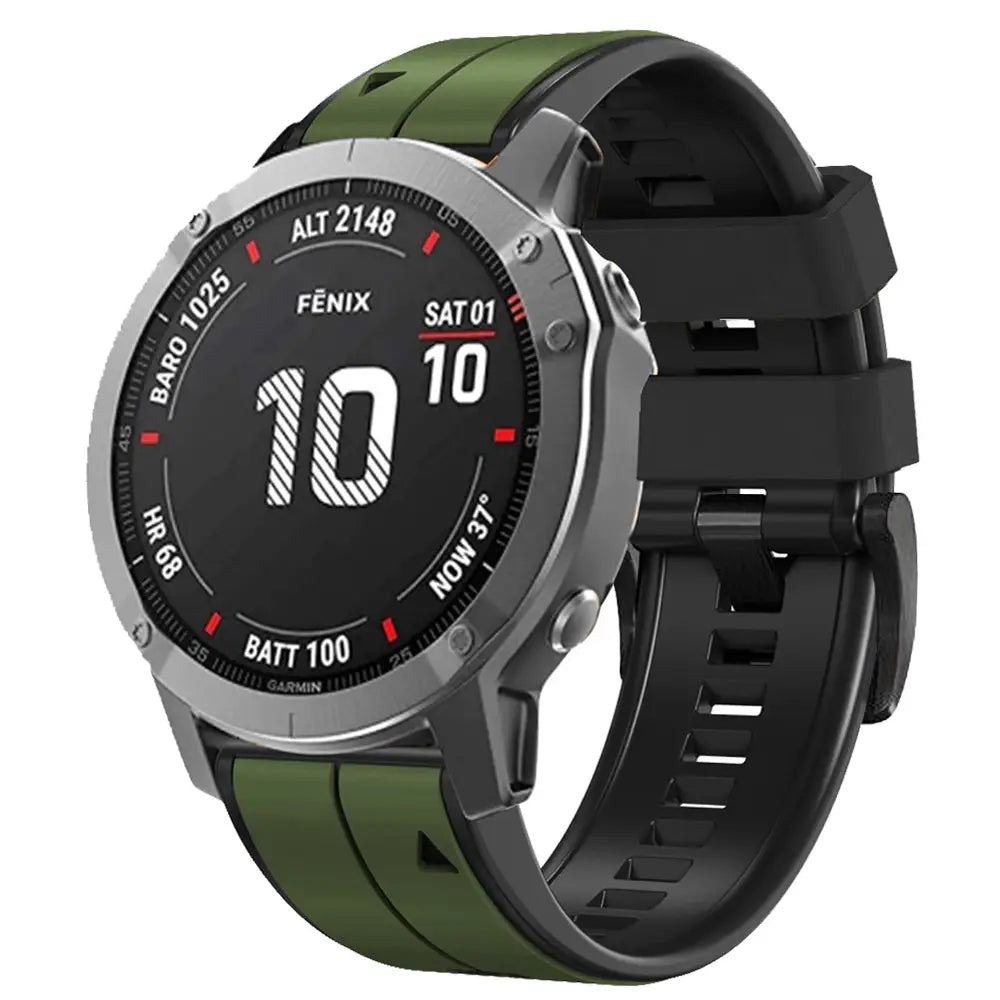 Garmin Fenix 6 Smartwatch mit einem schwarzen und olivgrünen Silikonarmband, entwickelt für Garmin Forerunner- und Fenix-Modelle.