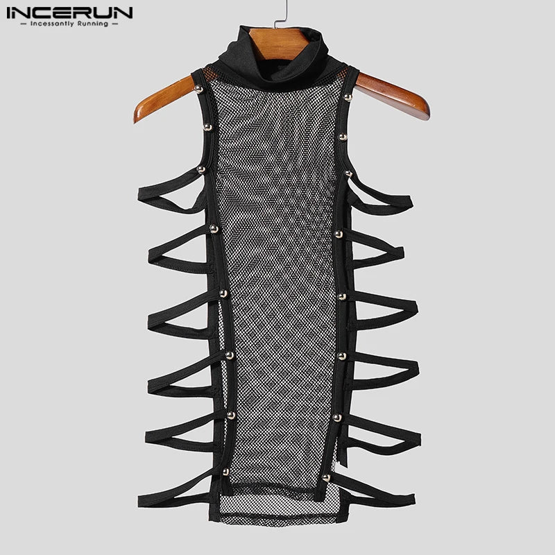 Men Tank Tops Mesh Patchwork See Through Turtleneck Sleeveless SummerMale Vests Streetwear Hollow Out Sexy Men Clothing INCERUN
