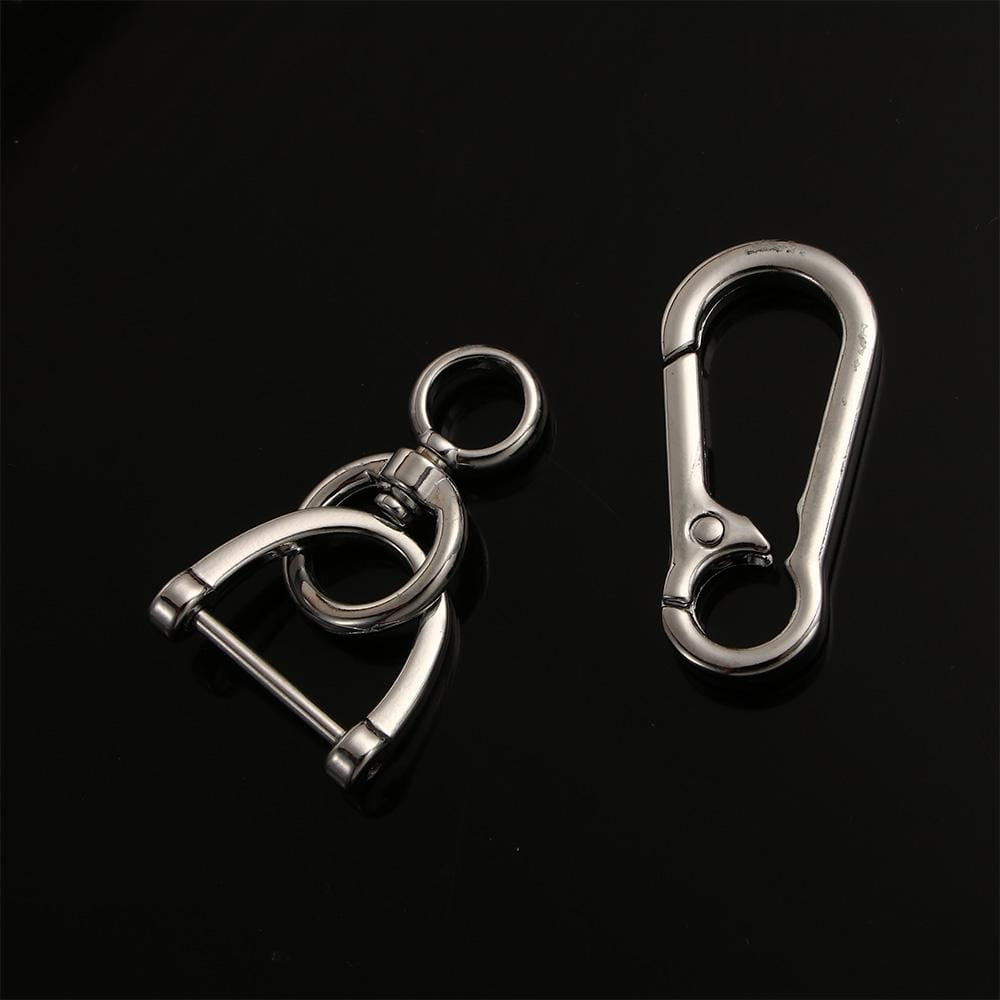 silver-toned metal car key clip carabiner keychain featuring a d-ring with swivel joint and a standard carabiner clip.