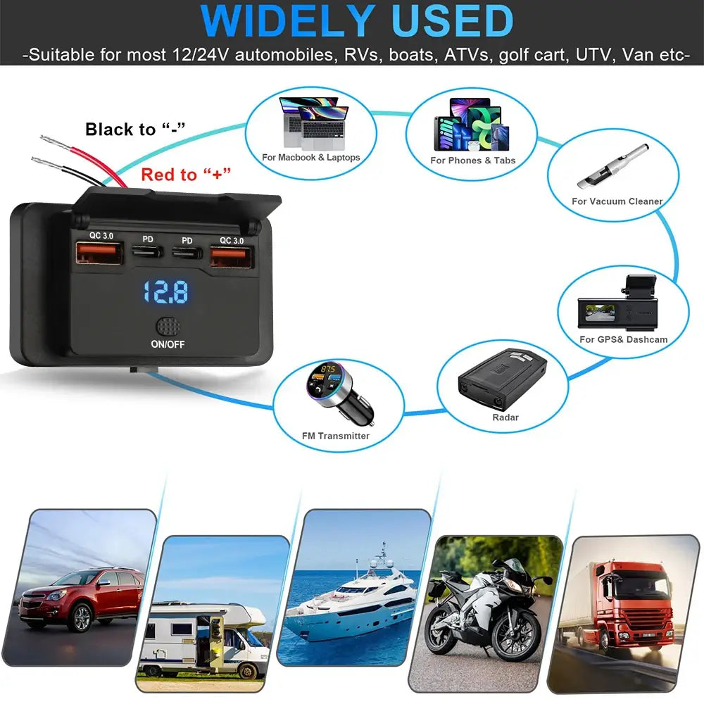 Schwarzer Kunststoff 12-V-24-V-USB-C-Kfz-Ladeanschluss mit PD-QC3.0, mehreren USB-Anschlüssen und digitaler Anzeige für die Verwendung im Fahrzeug.