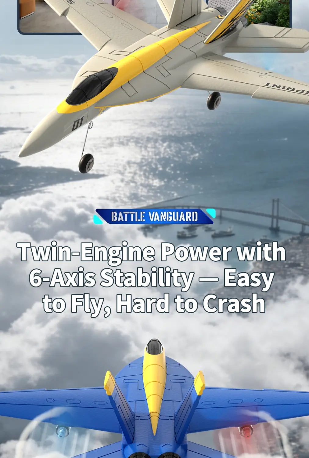 Remote control F18 Hornet foam glider jet in yellow and white featuring twin engines, a sleek design, and a detailed cockpit.
