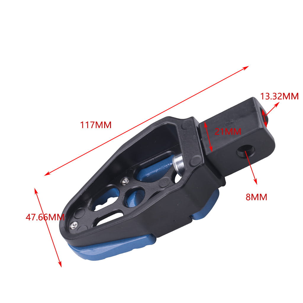 Black and blue plastic cnc aluminum motorcycle foot pegs rear anti slip pedals with a metallic hinge mechanism designed for securing or adjusting components.