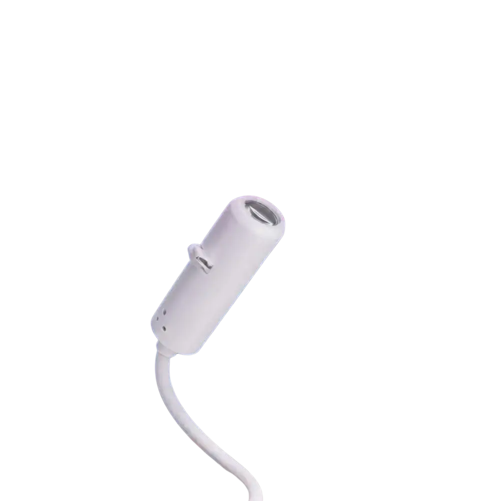 White cylindrical star projector with flexible neck projecting a glowing purple heart using interchangeable film discs
