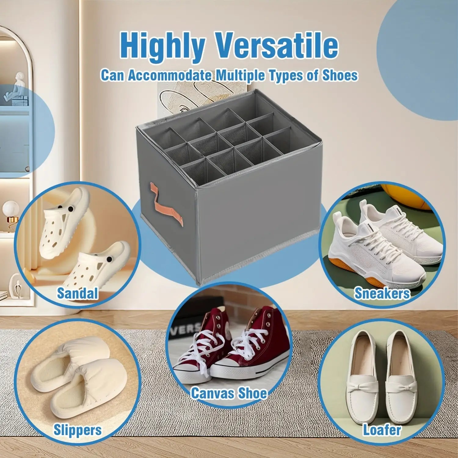 Organisateur de rangement pour chaussures en tissu d’oxford gris au design pliable, avec poignée douce pêche et compartiments divisés pour différents types de chaussures.