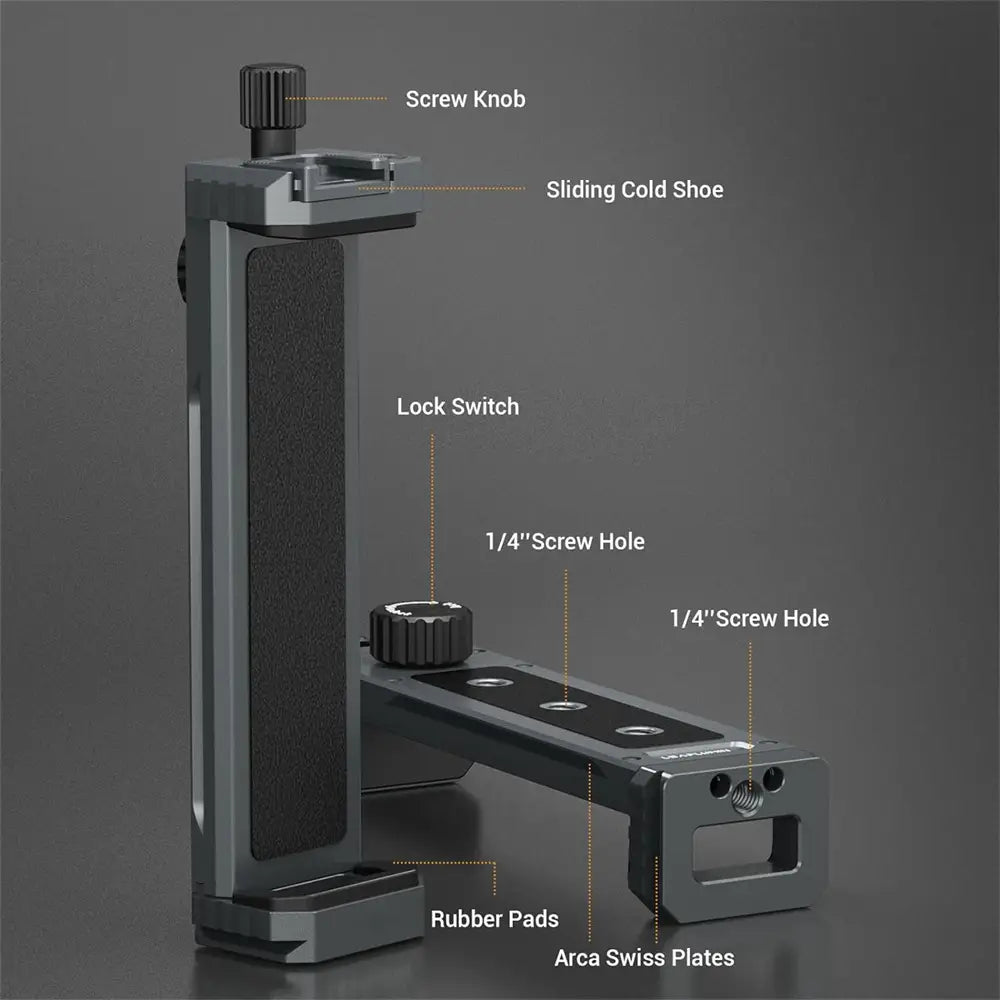 black metal universal tripod mount adapter made of aluminum with textured grip and 1/4-inch screw holes designed for tablet clamp use