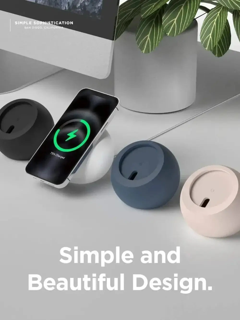 Soporte magnético inalámbrico para teléfono blanco, minimalista y elegante, con acabado mate liso, diseñado para iPhone.