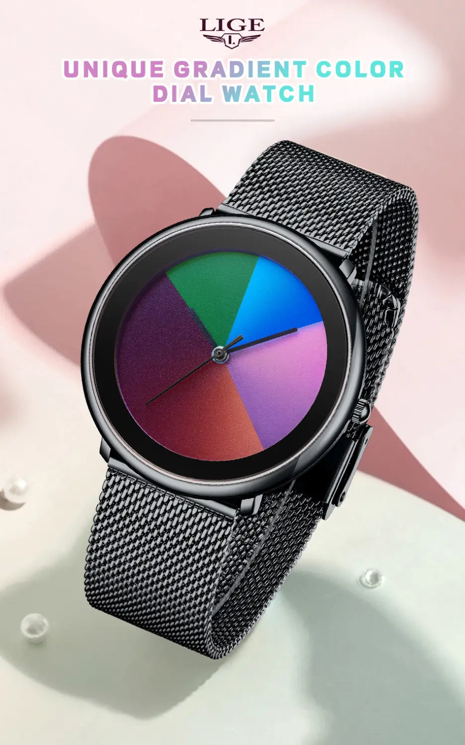 Lige women rainbow dial quartz watch with a black mesh strap and a unique gradient color dial featuring vibrant rainbow segments.
