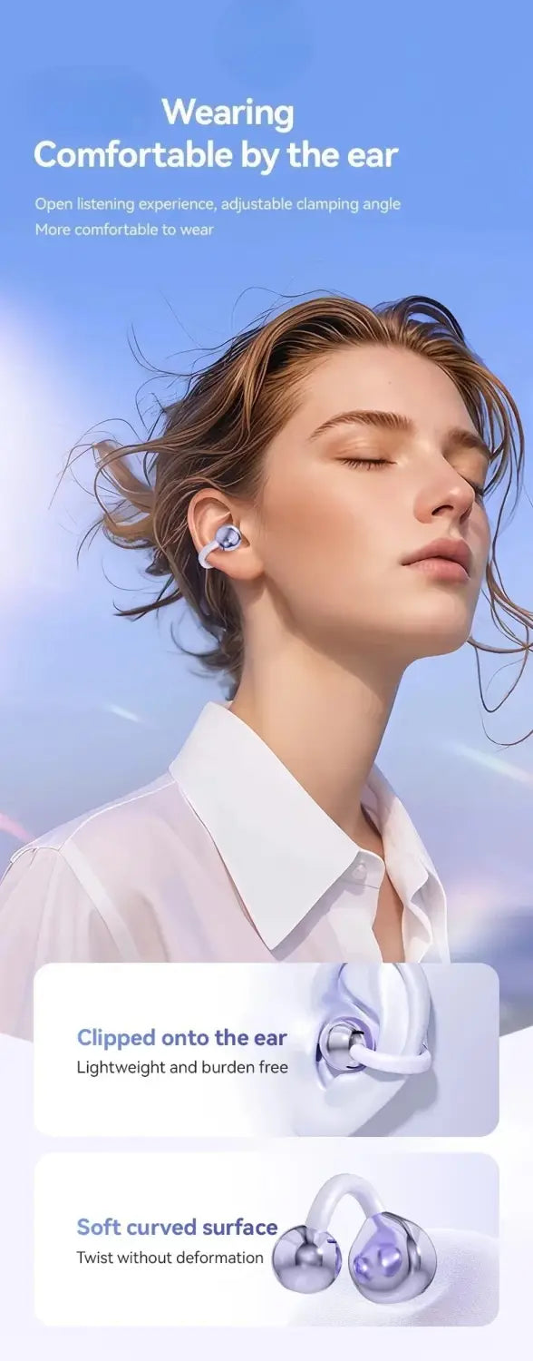 空気伝導のイヤークリップ型ヘッドホン。Bluetooth 5.4により優れた音質を実現し、快適な装着感のための洗練された曲線デザインを採用しています。