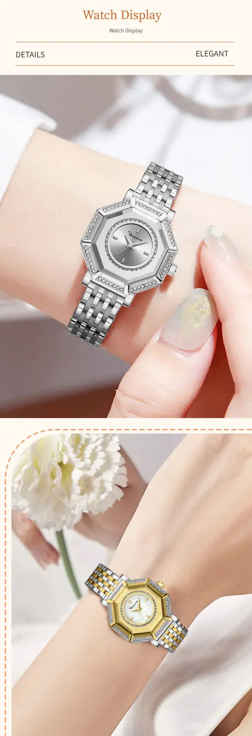 Silver and gold-tone geometric rhinestone quartz watch with an octagonal stainless steel case and diamond accents on the bezel featuring a sleek metal bracelet.