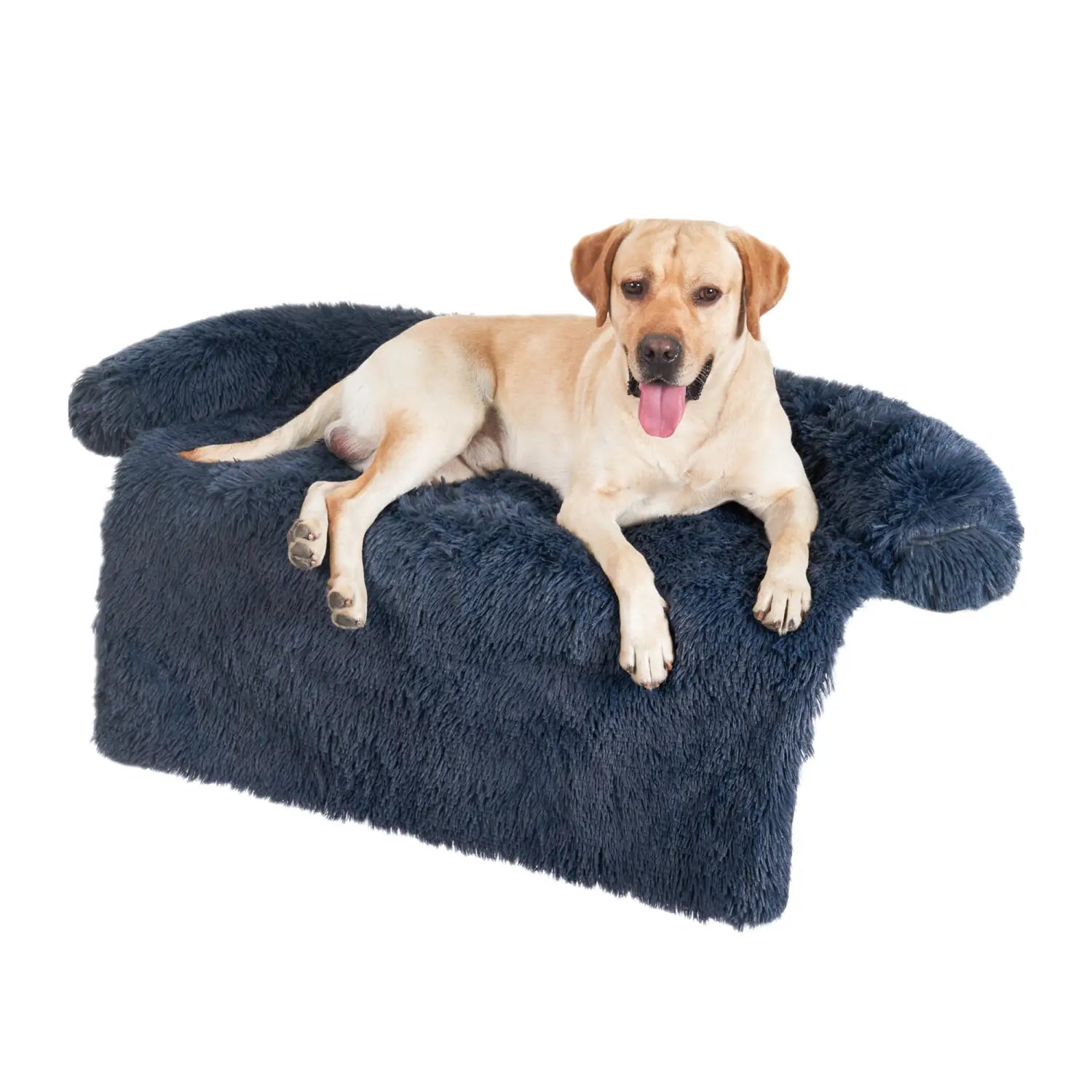 A plush navy blue faux fur dog bed sofa with soft shaggy texture and rounded armrests designed as a washable warm nest.