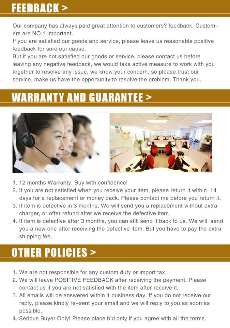 The image displays a customer service policy page with text and images of agents in headset detailing warranty terms including 12 months coverage and return policies for defective items for the women winter parka fur hooded padded coat in mint green.