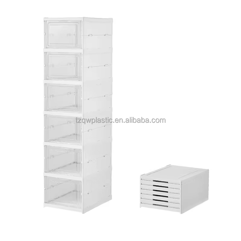 White plastic stackable storage boxes with clear front panels and sliding lids designed as a shoe organizer for efficient working time storage.