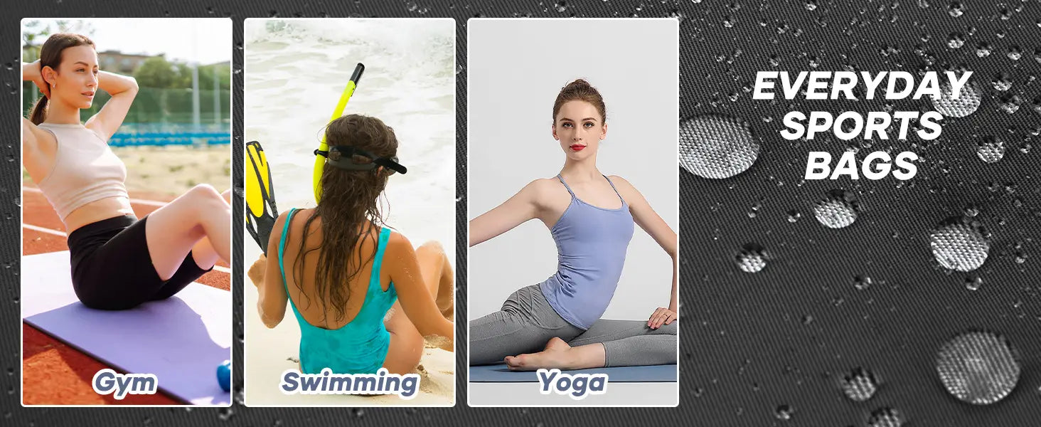The image displays three distinct black nylon fitness travel backpacks with shoe compartments designed for gym, swimming, and yoga activities.