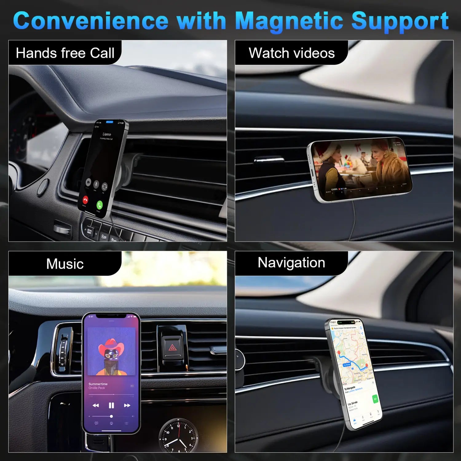 Black magnetic phone mount with sleek minimalist design for car dashboard supporting 15w fast charging wireless chargers and car wireless use.