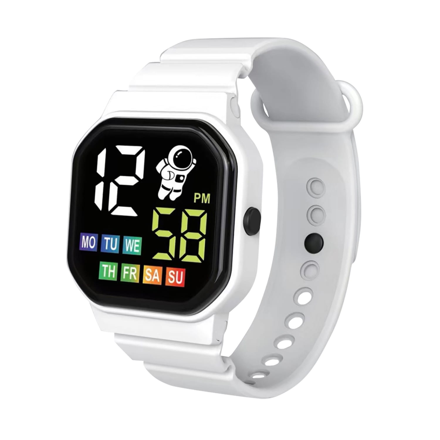 Kids astronaut led digital watch in white with a black screen displaying time and day and featuring an astronaut graphic.