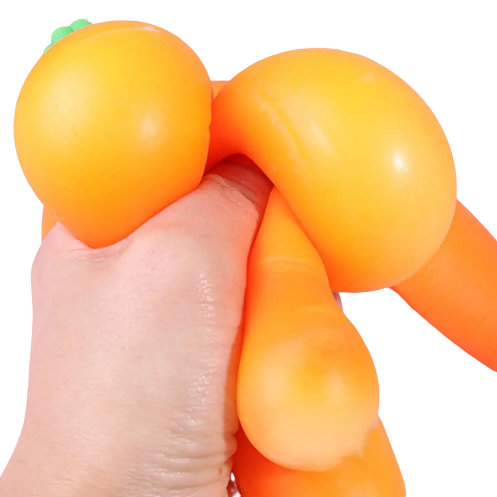 Vista frontal de un juguete exprimible de rebote lento con forma de zanahoria naranja, con la parte superior verde con hojas hecha de silicona blanda.