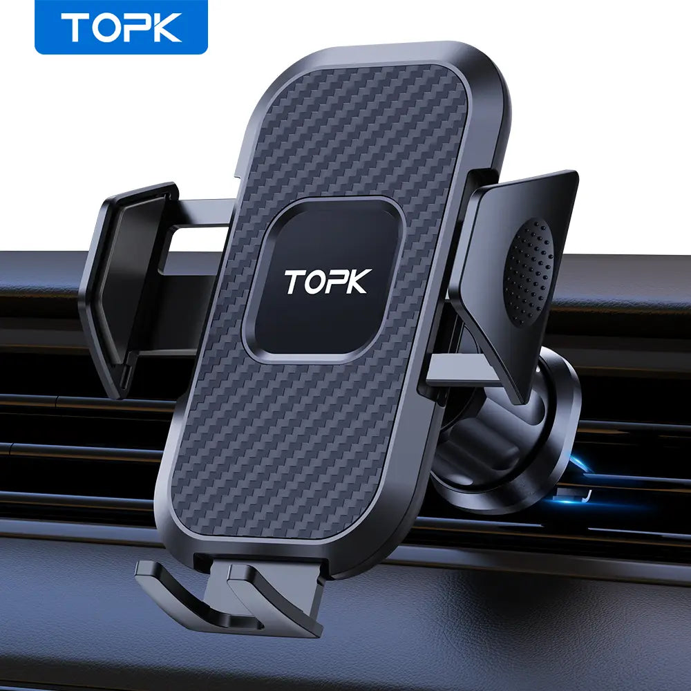 Black carbon fiber-textured car phone holder vent mount with a magnetic charging pad and adjustable clamps universal auto locking design.
