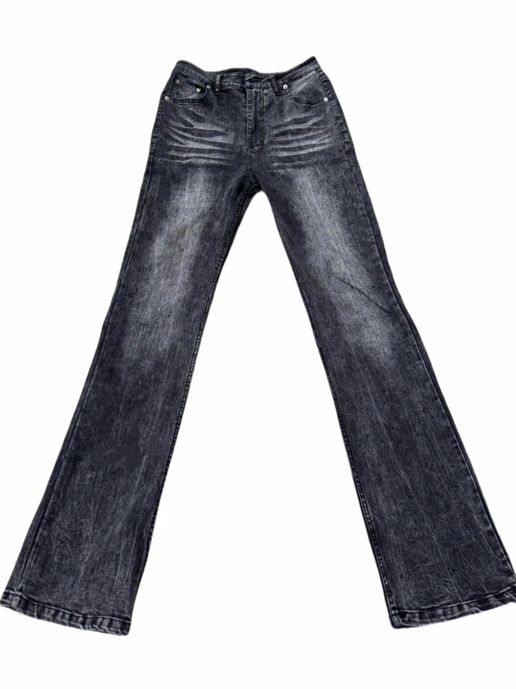 Cleanfit American Style High Street Vibe Distressed Slim Fit Bell Bottom Jeans Men Women Black Grey 517 Denim Pants Autumn