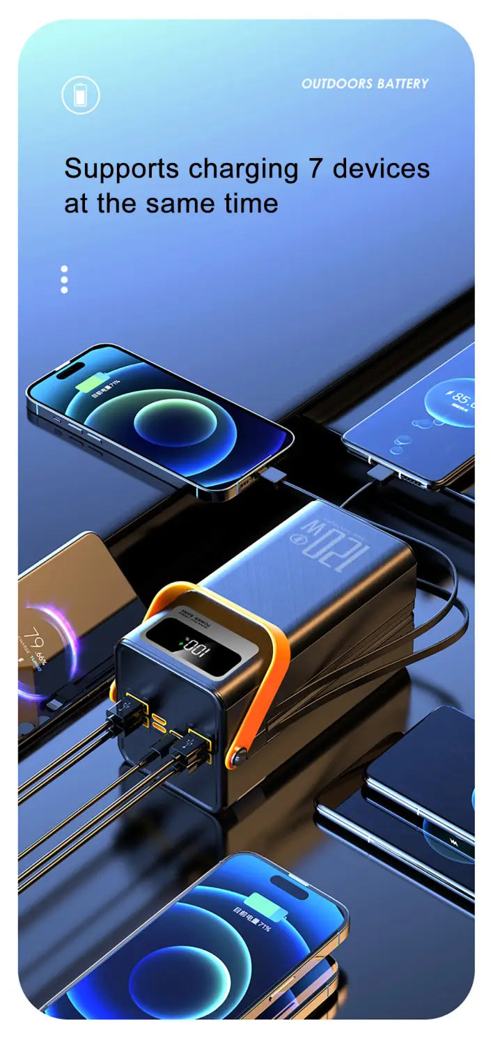 60000mAh容量、120Wの高速充電対応のブラック＆オレンジのポータブル電源バンク。出力表示のデジタルディスプレイ。5V/2Aのマイクロ入力に対応し、効率的な電力管理を実現。