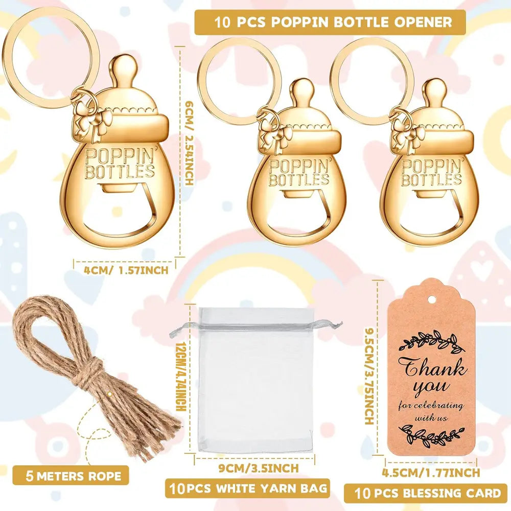 Gold-colored metal baby bottle-shaped keychain bottle openers with engraved poppin bottles text and small bow detail for baby shower bottle opener favors set.