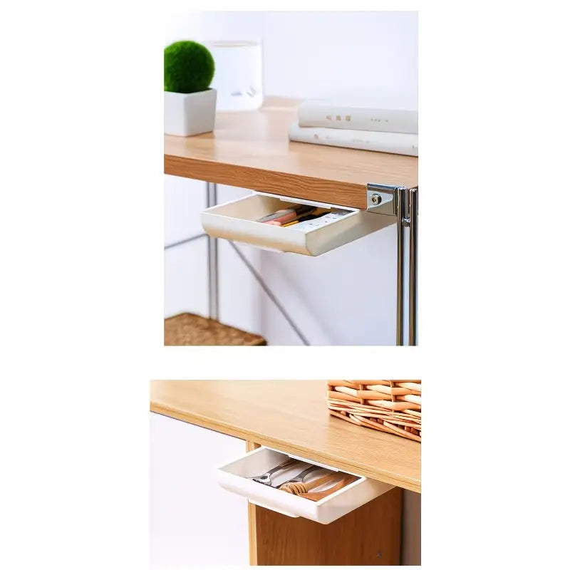 Boîte de rangement sous le bureau à tiroir coulissant en plastique blanc, organisateur au design minimaliste élégant et aux bords lisses pour une organisation efficace sous le bureau