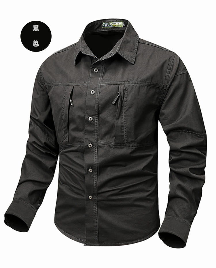 schwarzes Langarm-Workwear-Hemd ohne Falten mit zwei Brusttaschen und Kragen im japanischen Casual-Top-Stil für Herren