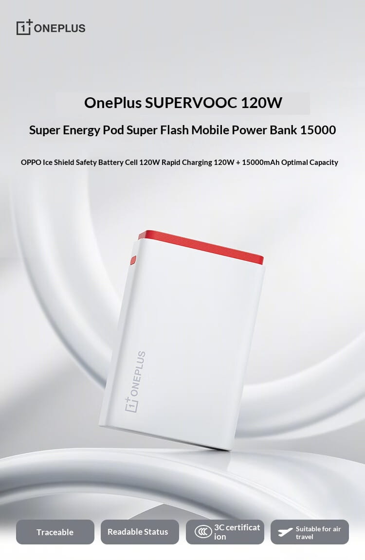 Weiße rechteckige tragbare Powerbank mit rotem Akzent und Oneplus-Branding, mit 120-W-Schnellladung und 15000-mAh-Kapazität für Oppo-Geräte.