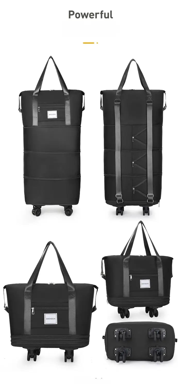 Un sac duffel roulant pliable noir avec des sangles renforcées et un tissu robuste, conçu pour un usage de grand sac à dos de voyage à grande capacité.