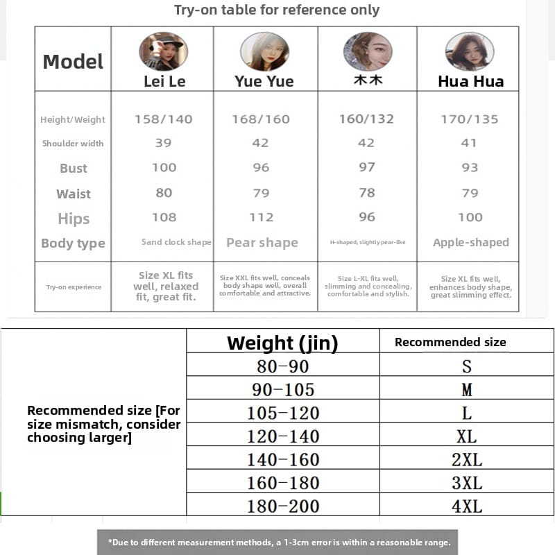 Esta es una tabla de tallas para el modelo lei le del conjunto de dos piezas con ajuste diseñado para mujeres, que muestra mediciones detalladas y tallas recomendadas según rangos de peso.