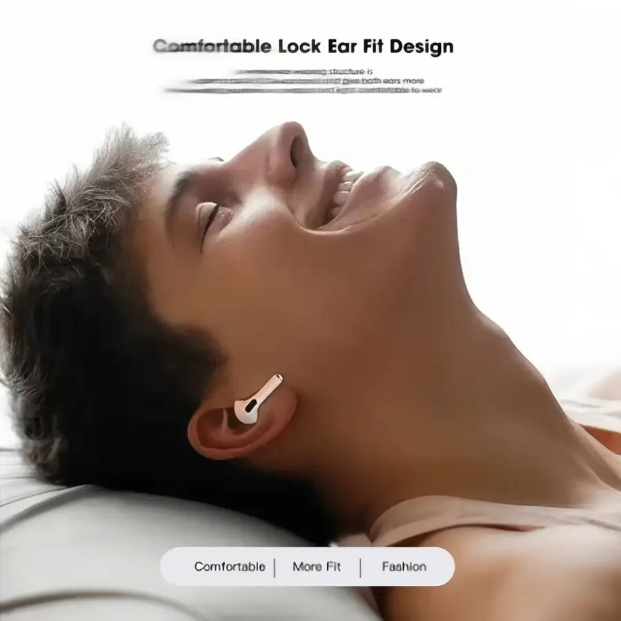 Weiße kabellose Bluetooth-Ohrhörer mit schlankem ergonomischem Design für einen komfortablen Sitz, mit aktiver Geräuschunterdrückung und HiFi-Stereoklang.